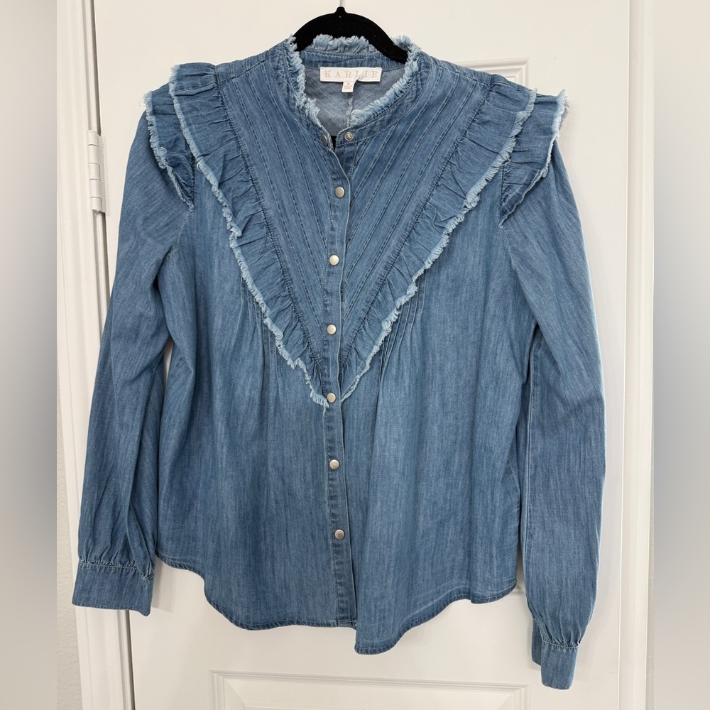 Karlie Blue Denim Ruffle Blouse